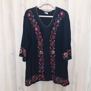 Shoreline Womens Embroidered Tunic Blouse 4X Black Floral Boho Cottage Artsy